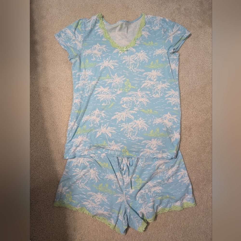 Jockey Women's Size Large Summer V-neck Pajama Set in Blue and Green Palm Print